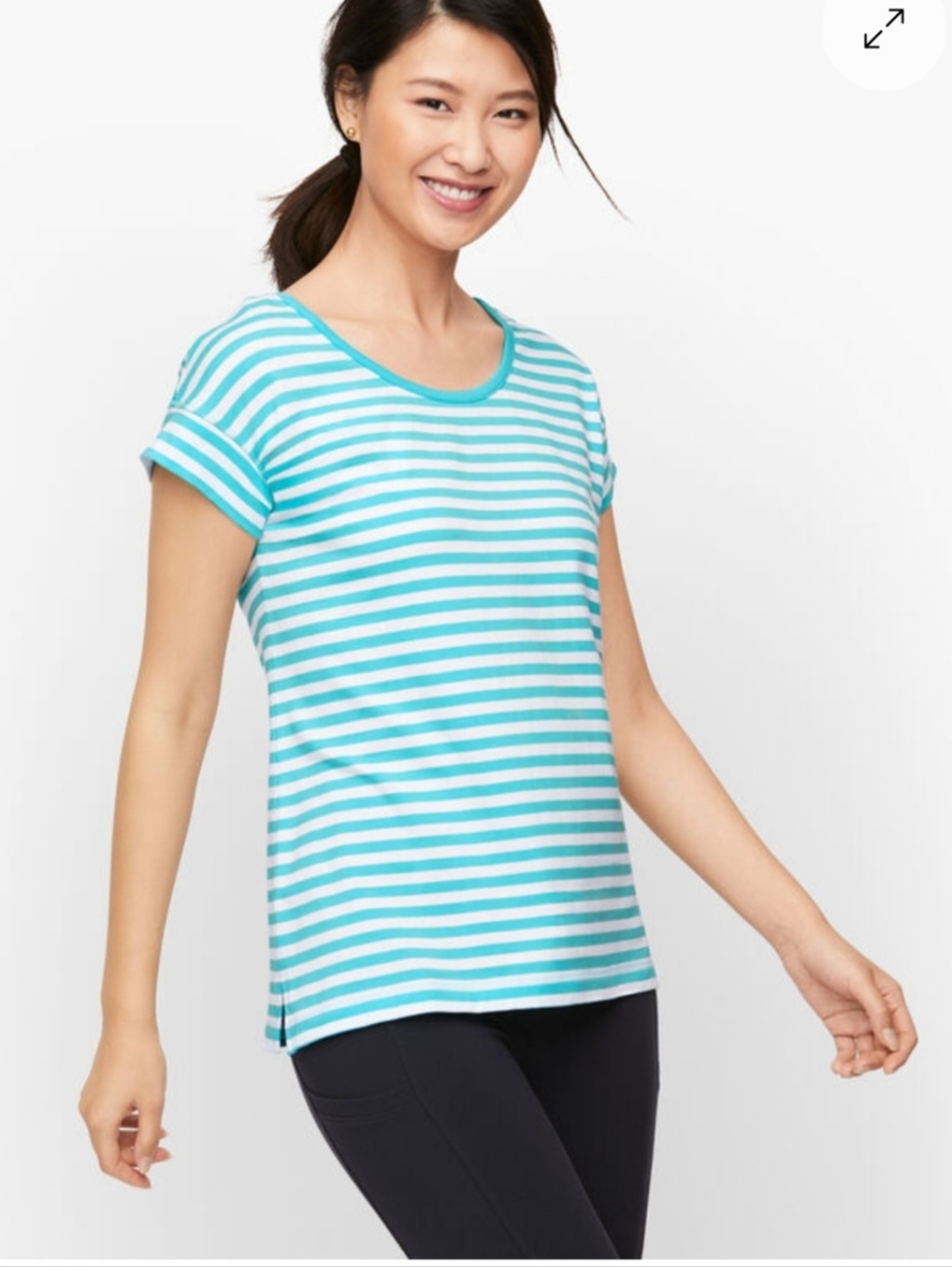 NWT Talbots Conch Stripe Cross Back Tee Turquoise & White Striped Cotton Top Med